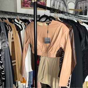 JLUXLABEL Nude Vegan Faux Leather Long Sleeve Cropped Top Womens Small New NWT